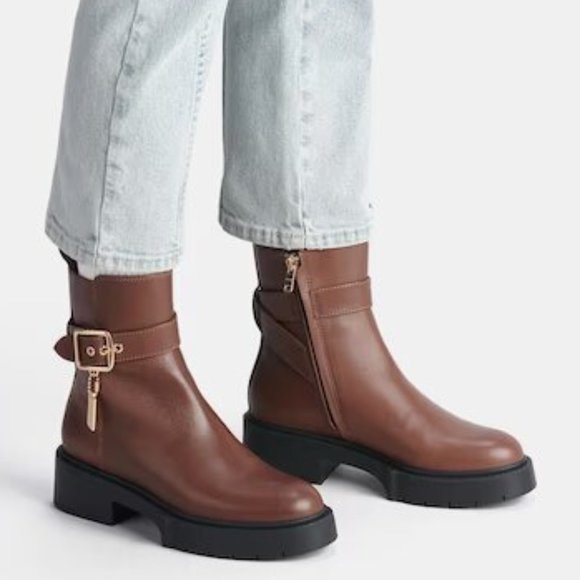 Coach Lacey Dark Saddle Leather Bootie Ankle Short Snow Boots Shoes Flats NEW - Picture 1 of 9